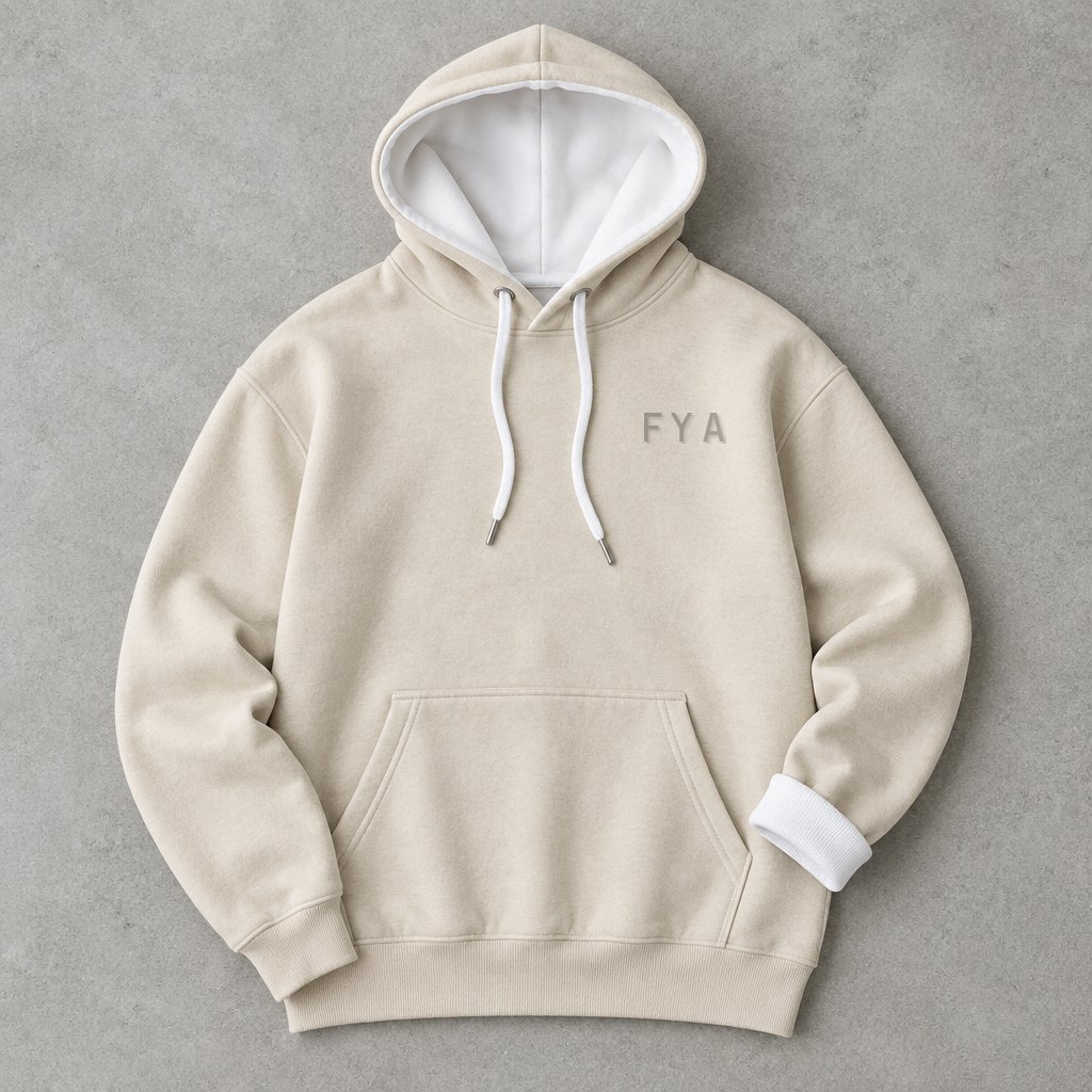 FYA hoodie crème, plat gelegd met witte capuchonvoering